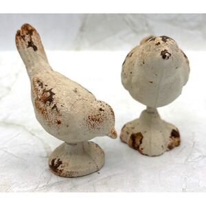 Vintage Cast Iron Bird Pair Figurines Distressed White Cottage Heavy Rustic